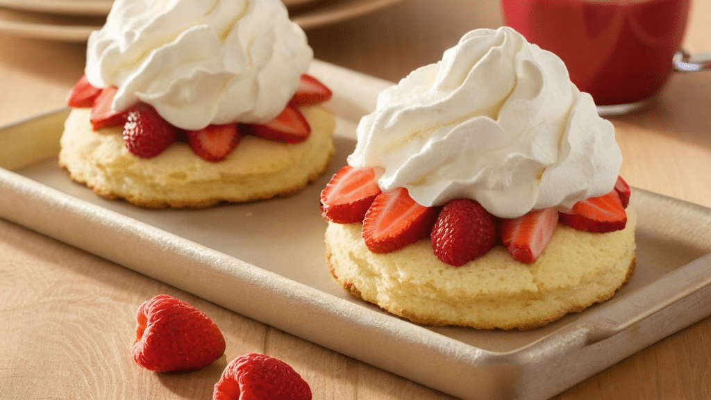 Delicious Bisquick Shortcake topped with fresh strawberries and whipped cream.