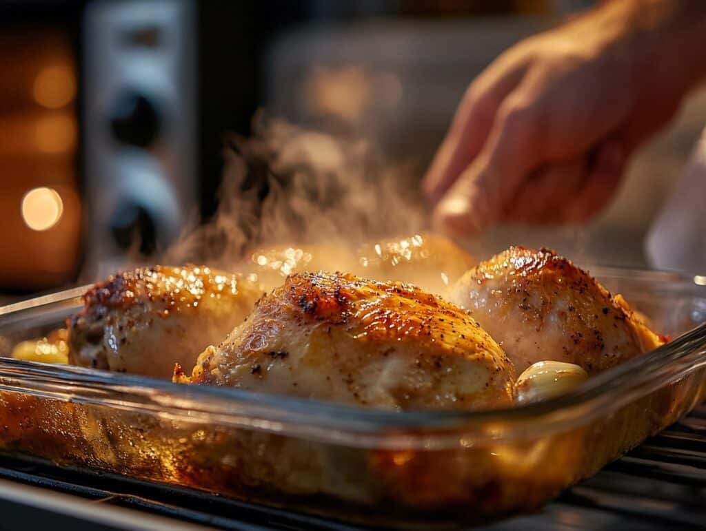 Close-up of a perfectly baked chicken breast with golden brown crispy skin, fresh out of the oven, in a glass baking dish with steam rising, captured in a modern kitchen.