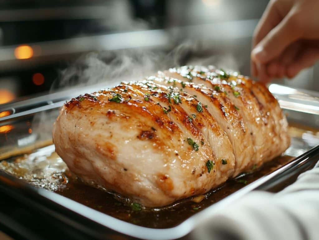 Close-up of a perfectly baked chicken breast with golden brown crispy skin in a glass baking dish, steaming in a modern kitchen, ready to serve.