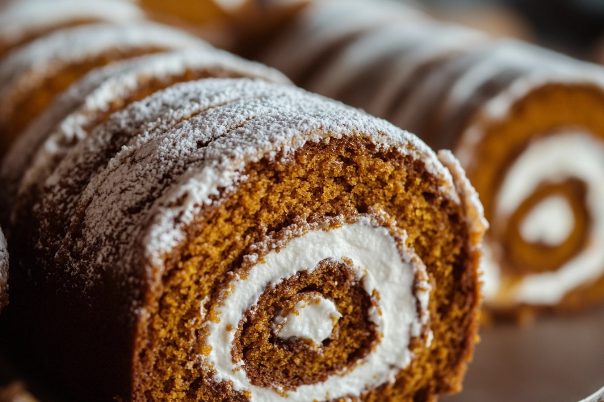 Close-up of a sliced pumpkin roll with cream cheese filling and dusted with powdered sugar