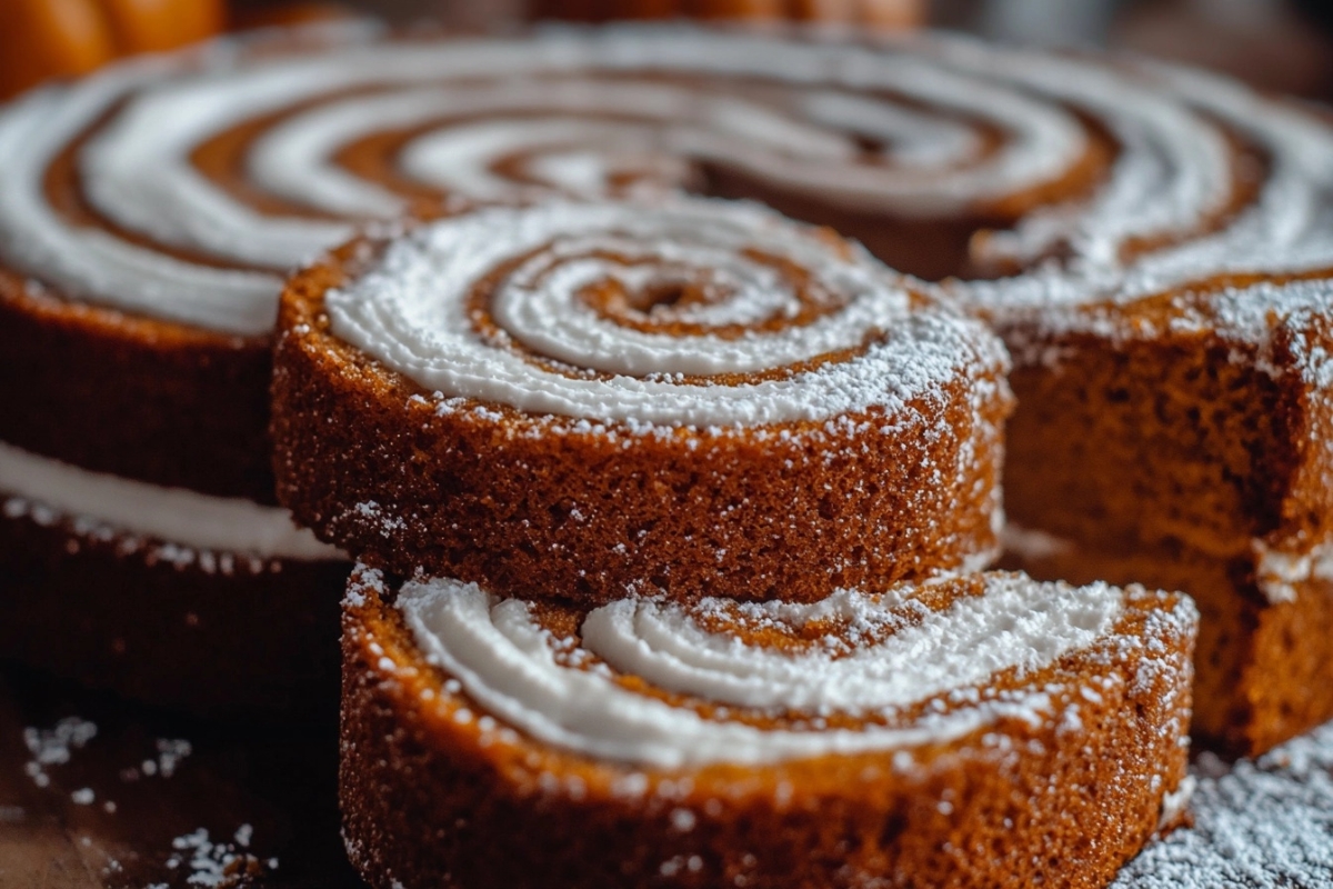 Close-up view of a freshly sliced pumpkin roll with cream cheese filling, dusted with powdered sugar.