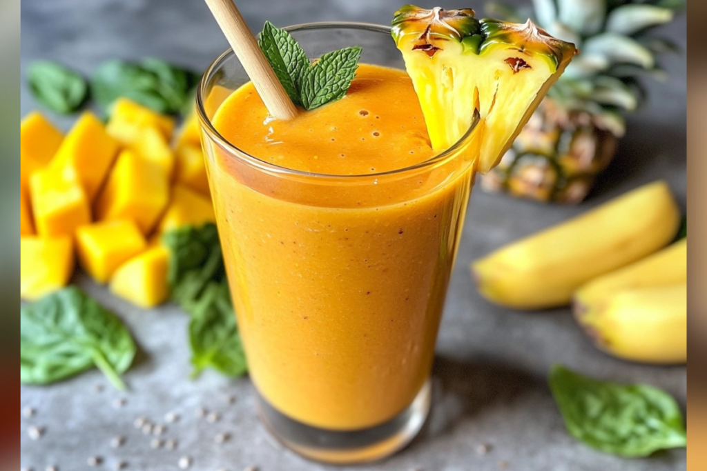 Tropical smoothie with fresh mango, pineapple, and banana, surrounded by fruits and chia seeds.