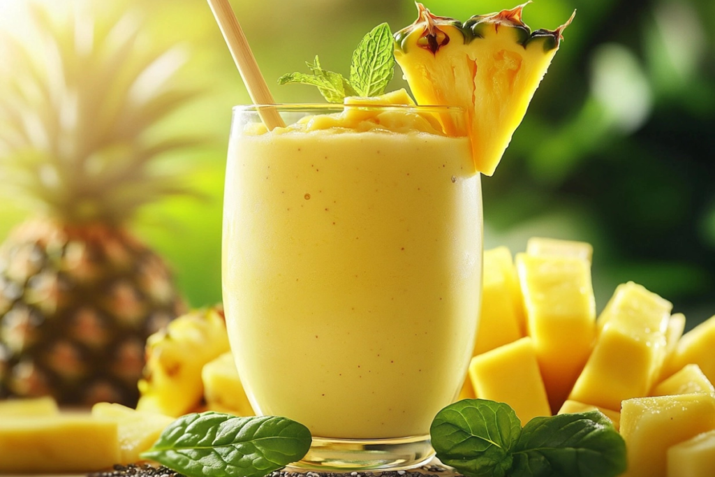 Tropical smoothie with fresh mango, pineapple, and banana, surrounded by fruits and chia seeds.