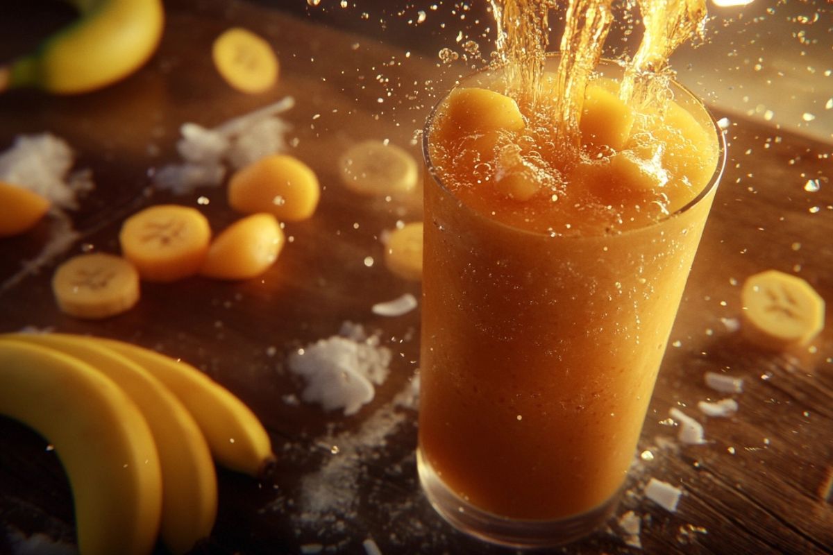 A tropical smoothie with fresh banana slices and ice being poured into a glass, showcasing a refreshing blend of tropical fruits.