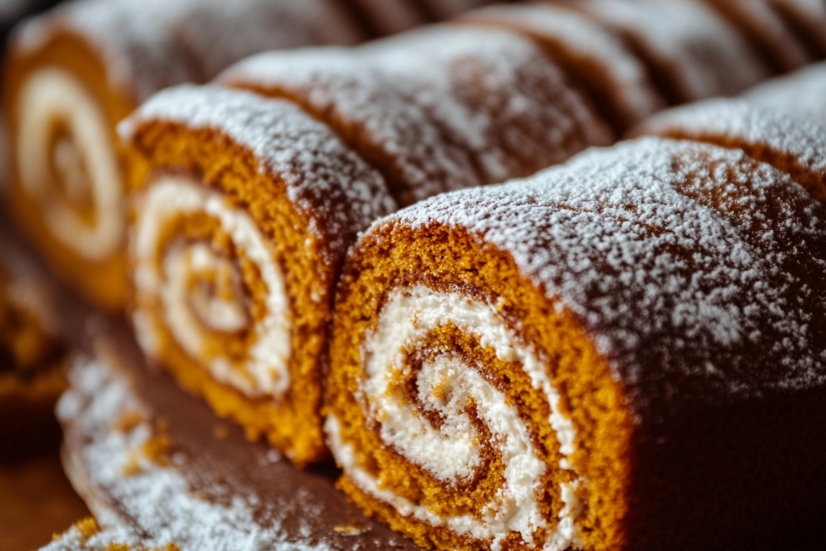 Close-up of a pumpkin roll with cream cheese filling, dusted with powdered sugar.