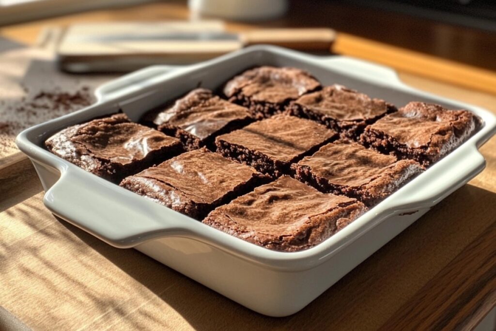 Freshly baked brownies in a white ceramic baking dish without a crispy top, showing a fudgy interior—why your brownie may not be crispy on top.