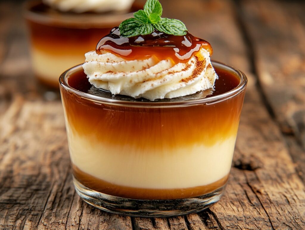 A classic Italian budino dessert in a transparent glass cup with a smooth, pale yellow custard base and a rich caramel sauce on top. Whipped cream is elegantly placed on top, with the dessert displayed on a rustic wooden surface. A blurred background enhances focus on the main budino, creating a warm and indulgent ambiance.