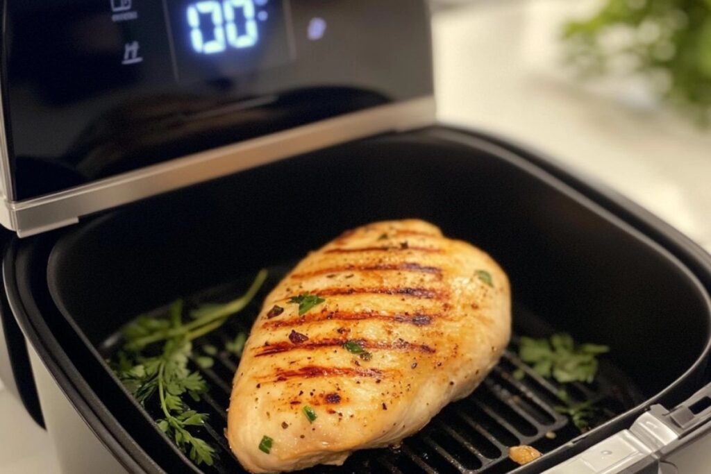 Golden brown chicken breast cooking in an air fryer, with digital timer showing cooking time. A guide on how long to heat a chicken breast in an air fryer.