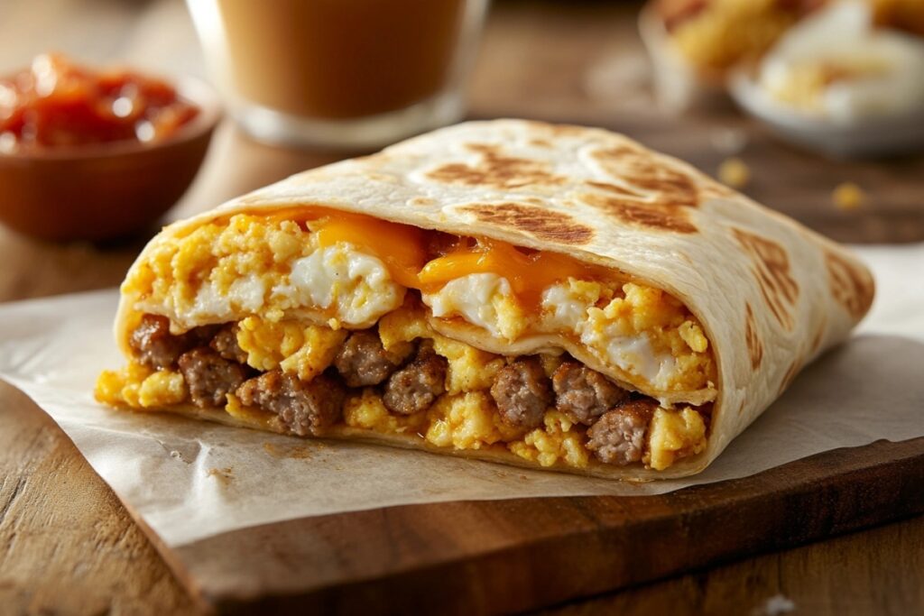 Ingredients used in a Breakfast Crunchwrap including eggs, sausage, cheese, hash browns, and tortilla.