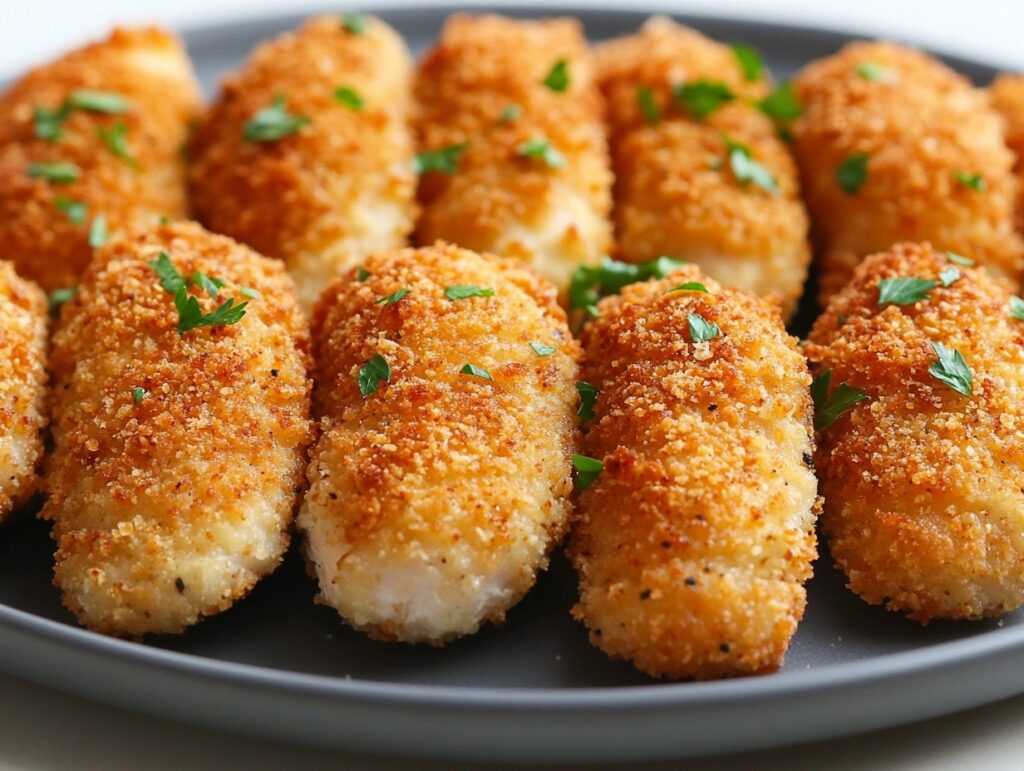 A close-up of golden, crispy breaded chicken cutlets (schnitzel) on a gray plate. The cutlets are garnished with fresh parsley and perfectly fried, showcasing a crunchy, golden-brown texture. The soft lighting highlights the breading and the fresh, homemade feel of the dish.