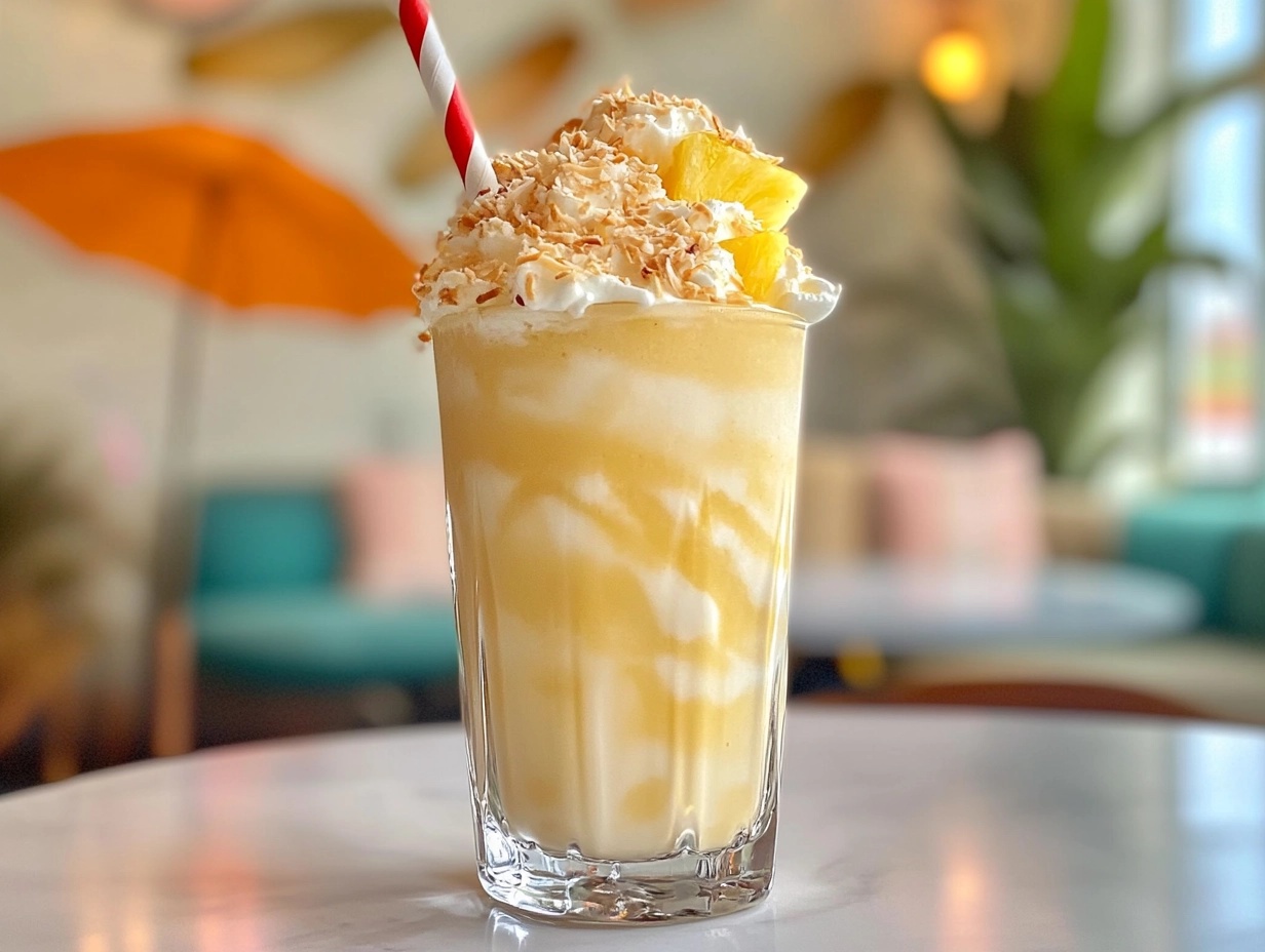 Tropical smoothie topped with coconut flakes and pineapple chunks in a tall glass