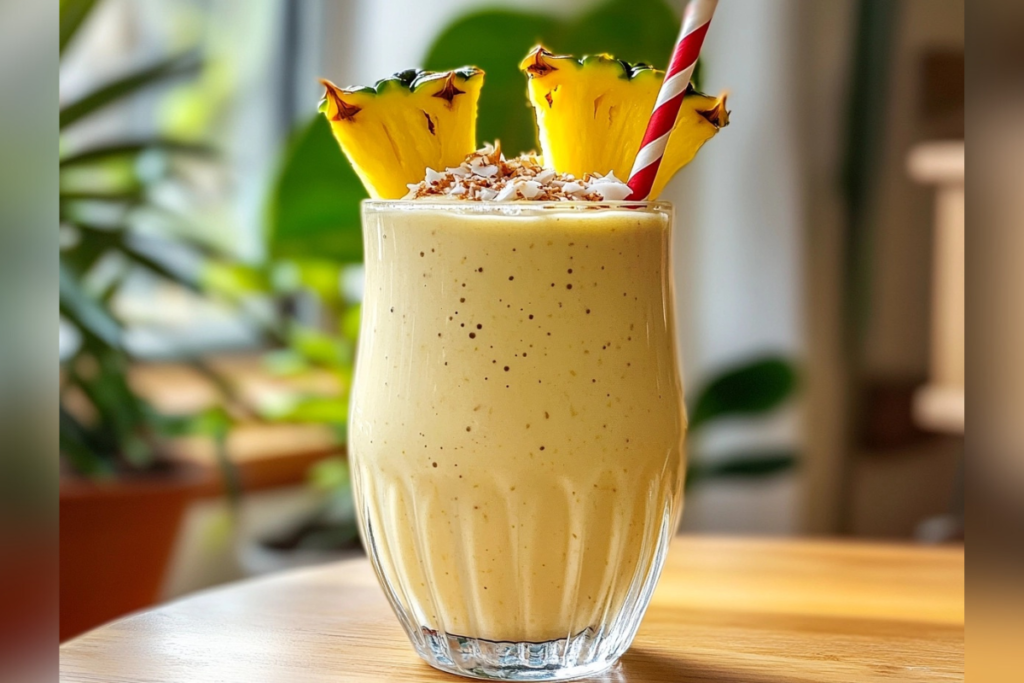 Pineapple smoothie in a glass with coconut flakes and pineapple garnish