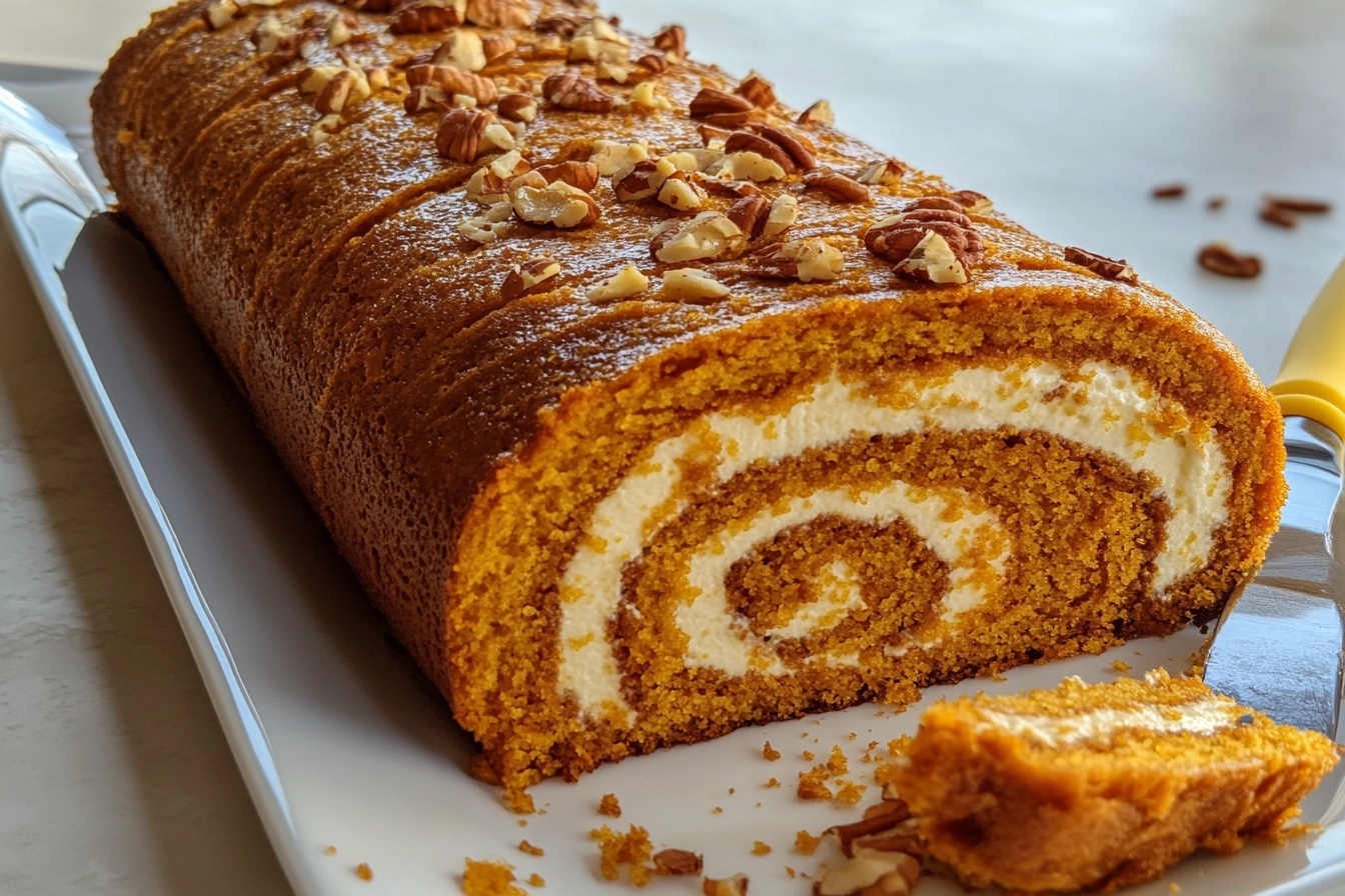 Close-up of a freshly baked pumpkin roll cake with cream cheese filling, topped with chopped pecans.