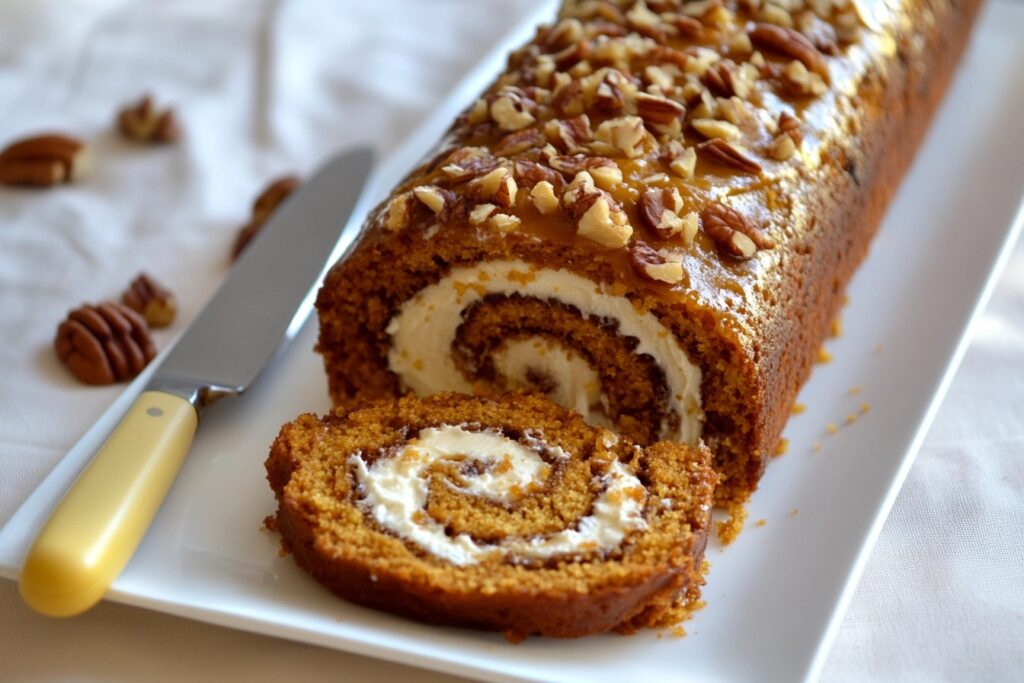 Close-up of a delicious pecan pumpkin roll cake with cream cheese filling, topped with chopped pecans on a white plate, ready to be served.