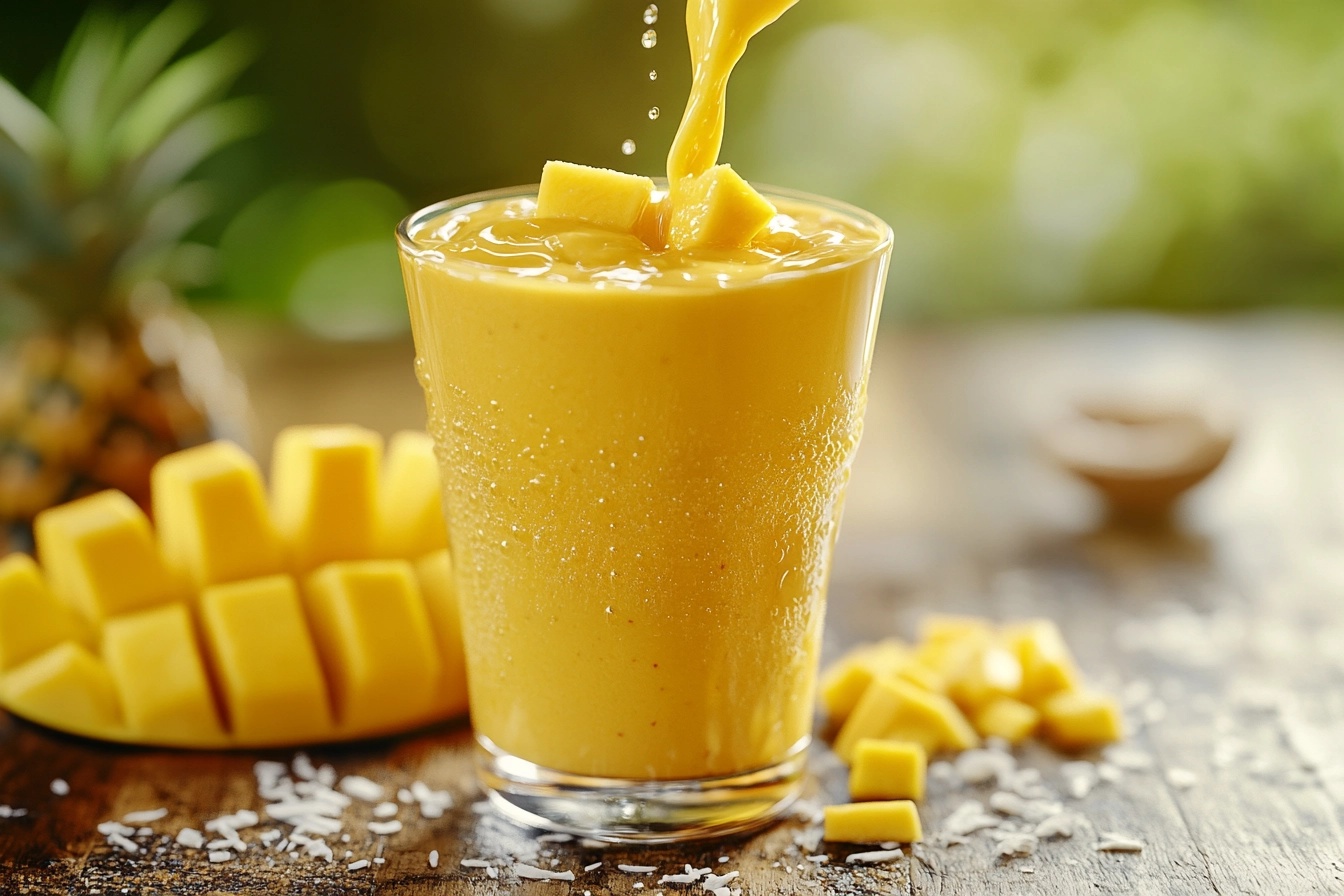 A tropical smoothie with fresh mango cubes being poured into a glass, with chopped mango and pineapple pieces scattered around.