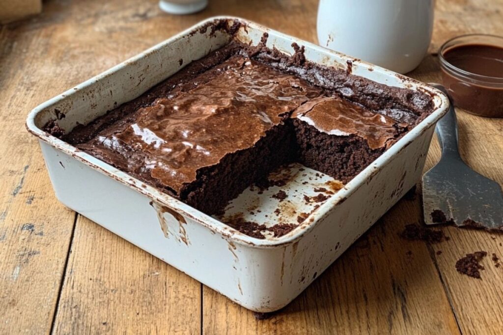 A tray of slightly burnt brownies in a kitchen, with quick fixes like ice cream and chocolate sauce on the side—how to salvage burnt brownies.