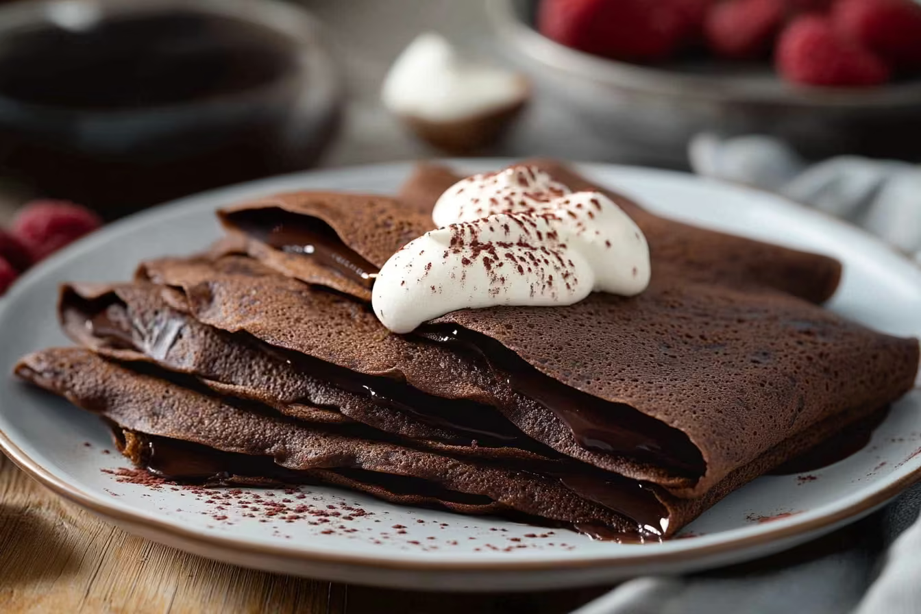 chocolate crispy crepes stacked on rustic table