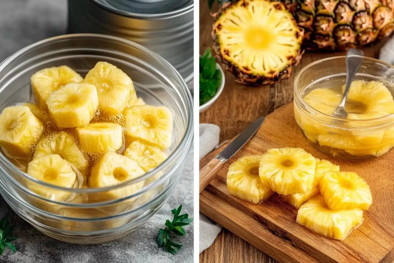 Comparison of canned pineapple rings in a glass bowl and fresh pineapple chunks on a cutting board, with a whole pineapple in the background