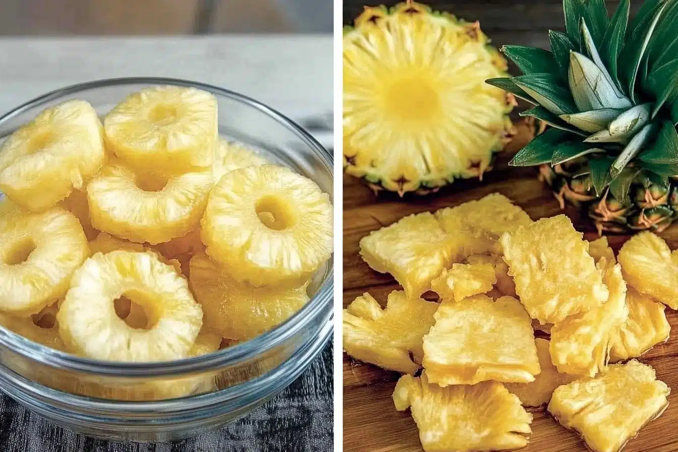 "Side-by-side comparison of canned pineapple slices in a glass bowl and fresh pineapple chunks on a wooden board with a whole pineapple in the background."