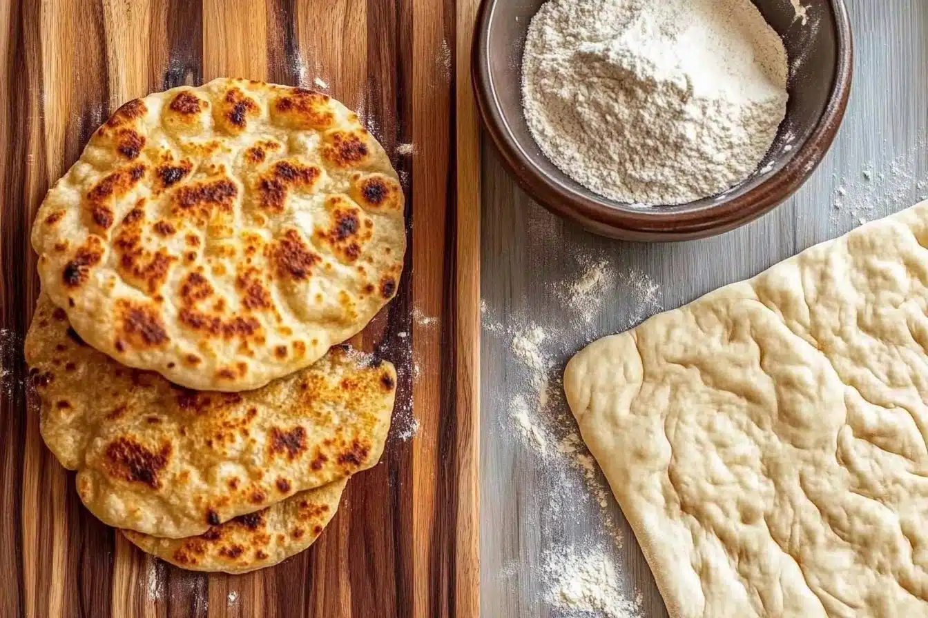 Freshly Made Naan Bread with Dough and Flour Preparation