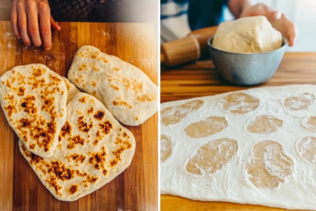 Side-by-side comparison of naan bread and pizza dough, showcasing their textures and preparation processes