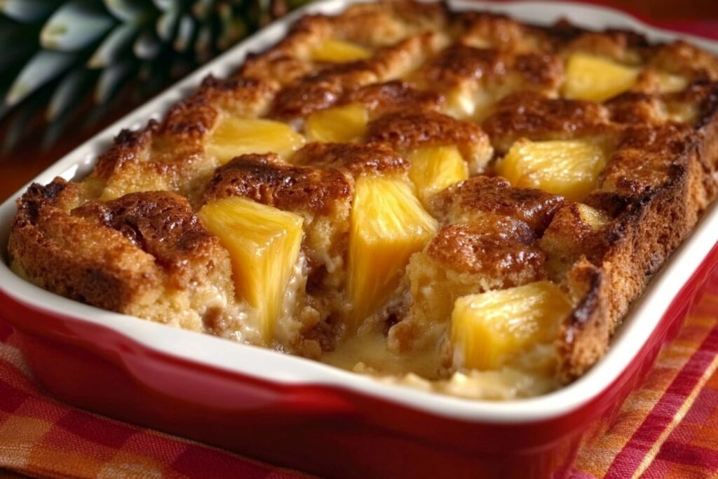 A freshly baked pineapple bread pudding with golden-brown crust and chunks of pineapple in a white ceramic baking dish, perfect for dessert lovers.