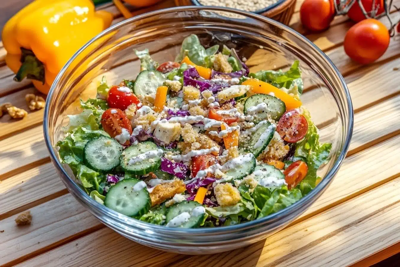 A hearty salad with grilled chicken, fresh vegetables, and a drizzle of dressing in a clear glass bowl. 