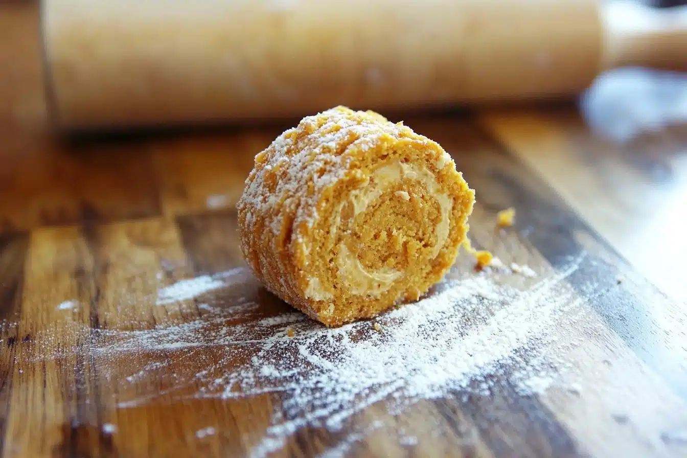 Pumpkin roll with cream cheese filling, dusted with powdered sugar.