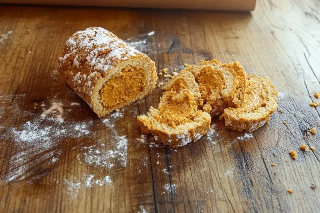 Close-up of a sliced pumpkin roll with visible cream cheese layers.

