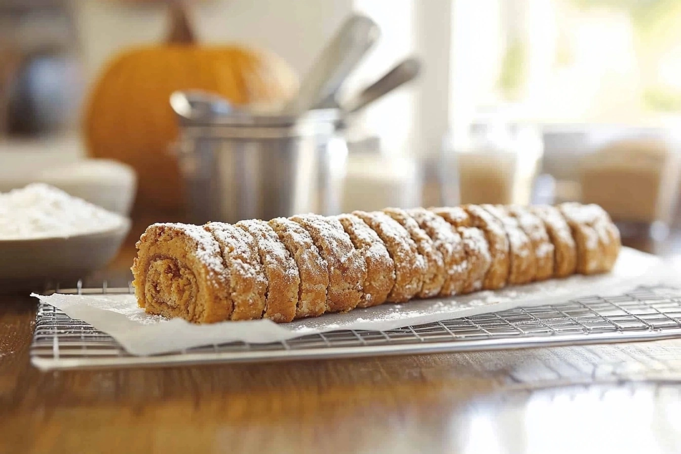 Perfectly rolled pumpkin roll with cream cheese filling.