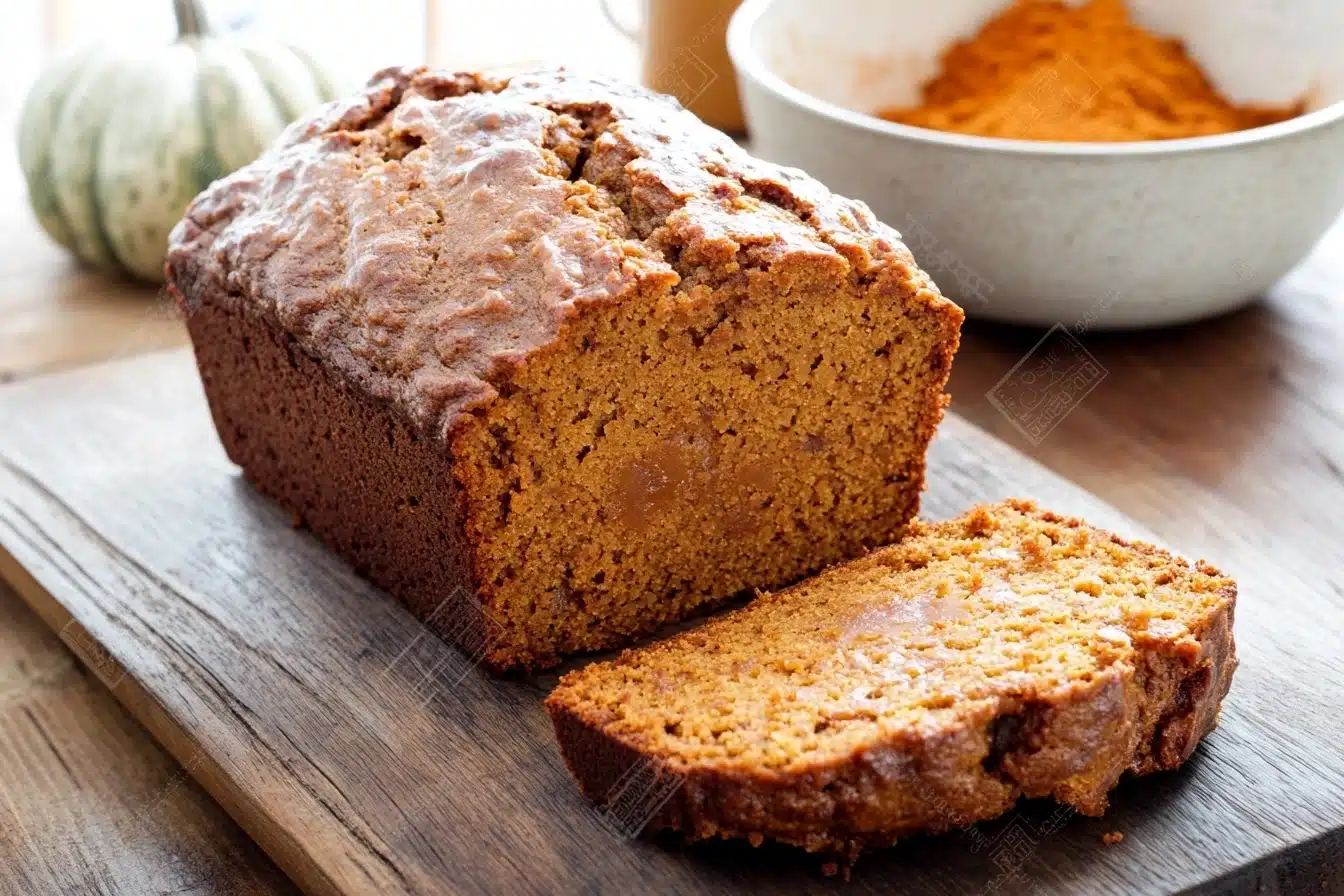 Pumpkin bread with a sticky texture, freshly sliced on a wooden cutting board.