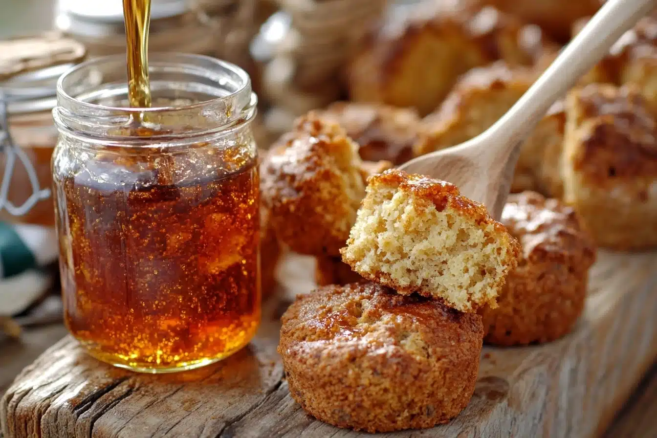 Golden sorghum syrup being poured into a jar, accompanied by freshly baked muffins, showcasing the richness of sorghum in festival baking.