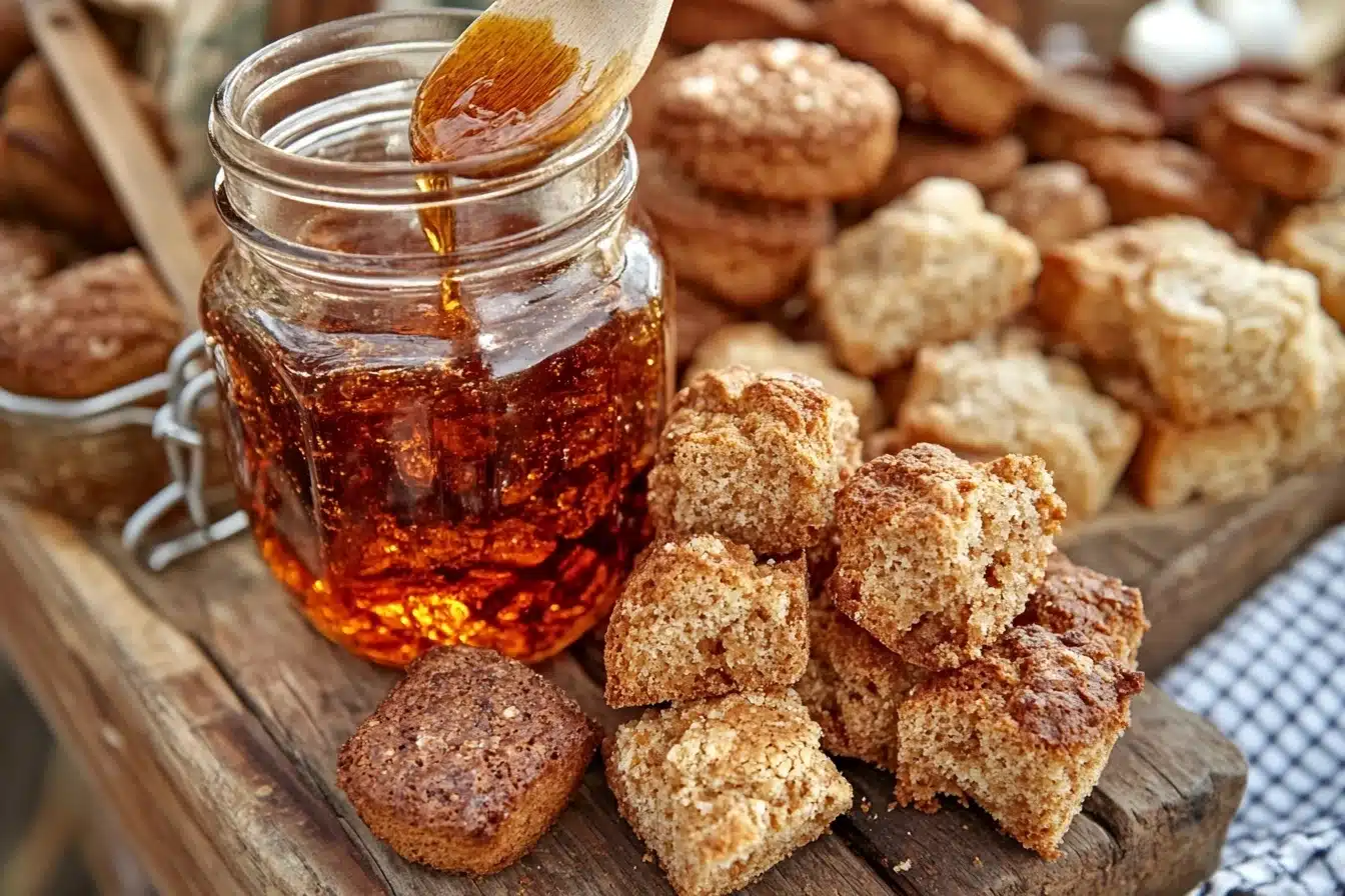 Close-up of a jar of golden honey with a wooden dipper resting on the rim, surrounded by freshly baked, golden brown biscuit squares on a rustic wooden table.