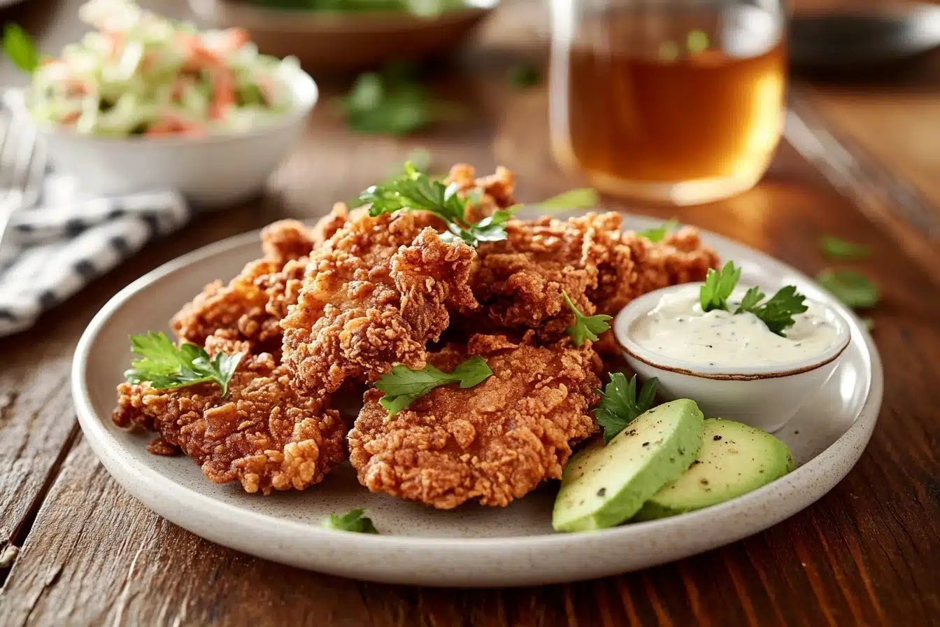 A close-up of crispy Southern fried chicken livers served on a plate with dipping sauce and cornbread.