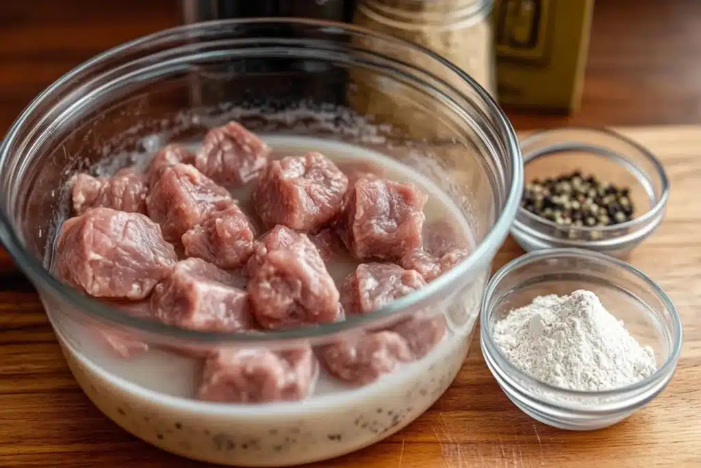 Chicken livers soaking in a bowl of milk on a wooden kitchen counter.