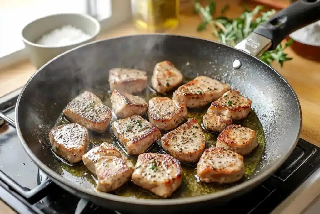 Golden-brown chicken livers frying in a skillet with herbs.