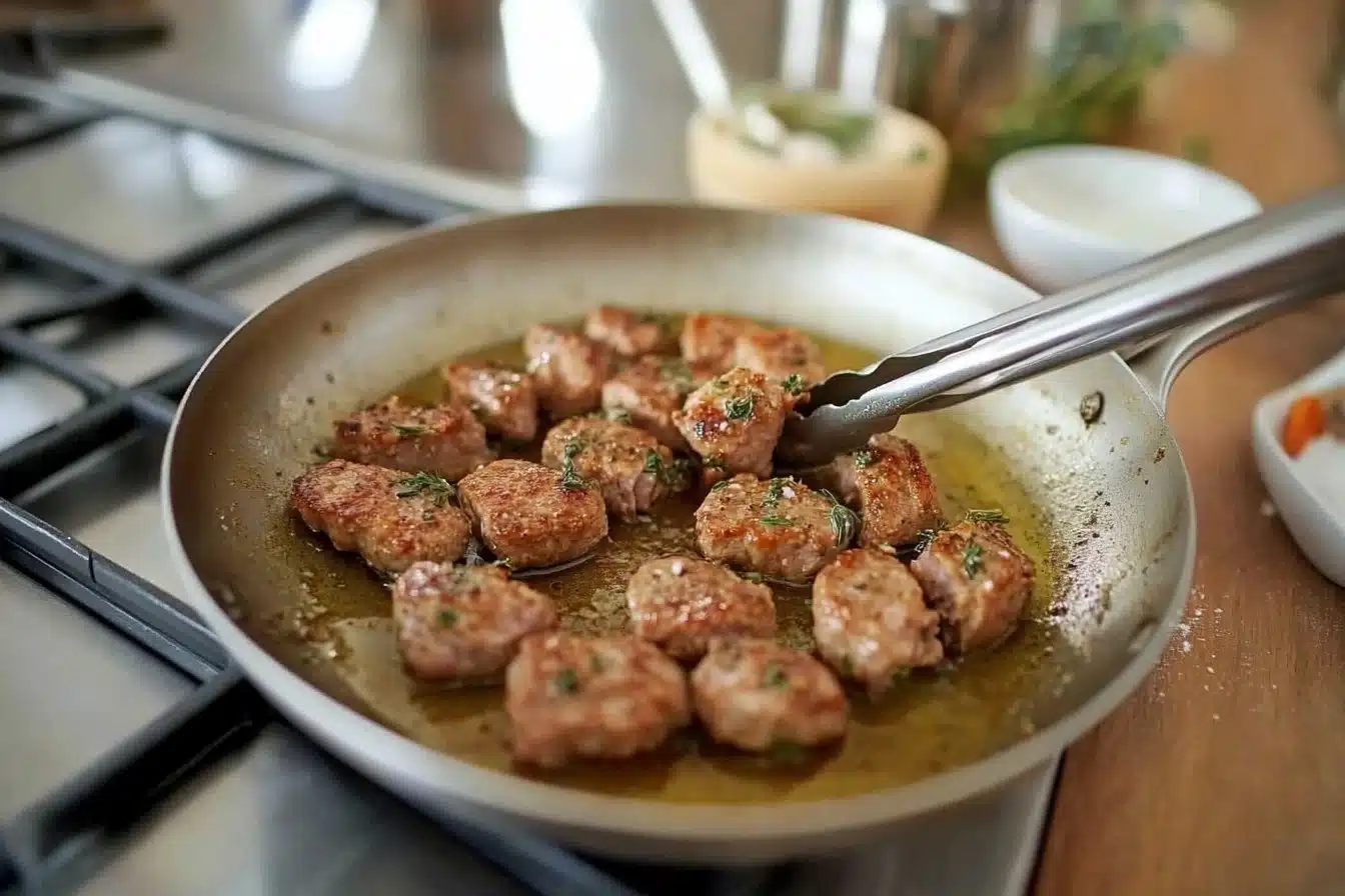 Chicken livers being flipped in a skillet with tongs during frying.