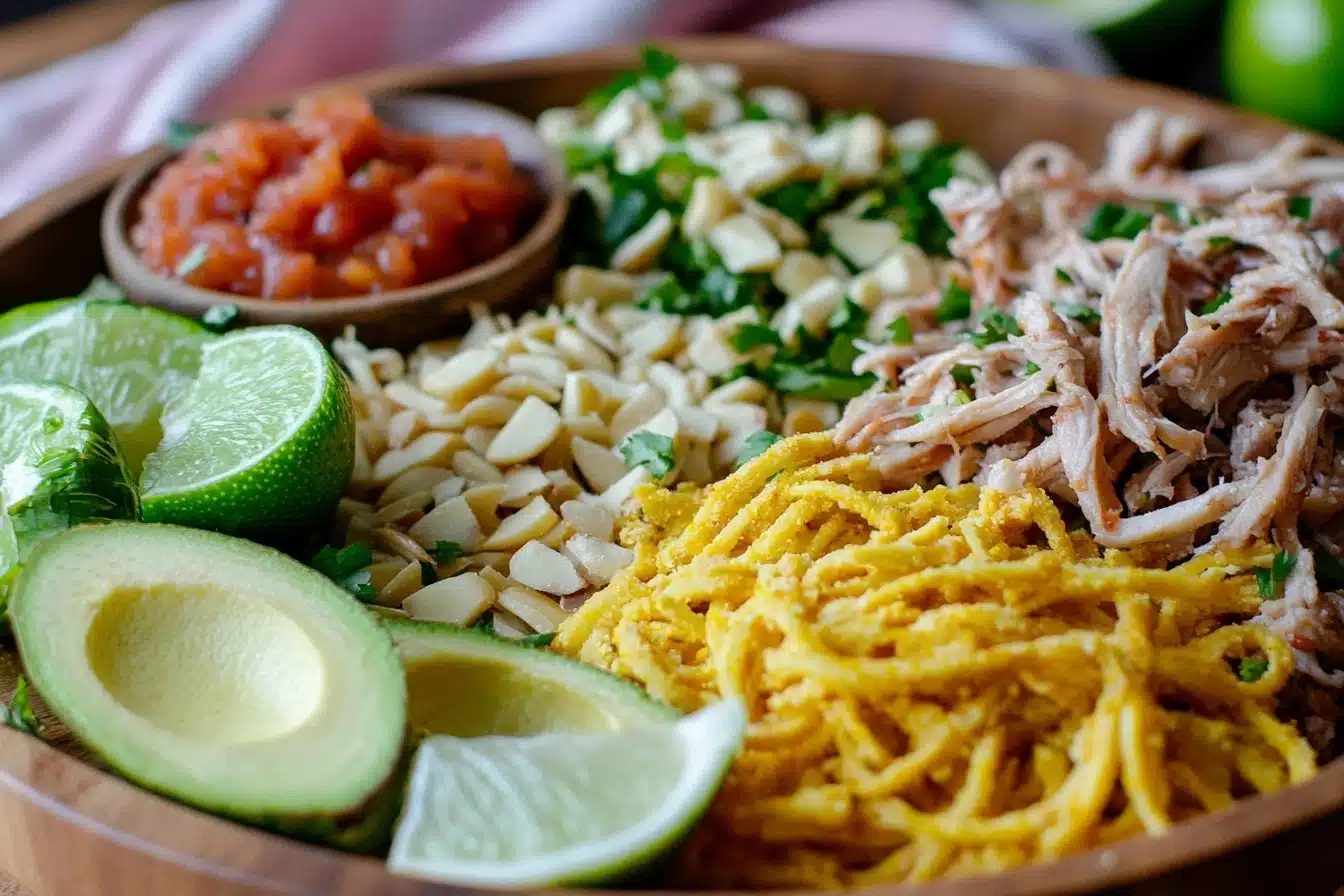 A colorful bowl of ingredients including shredded meat, avocado, lime, salsa, and fresh herbs.