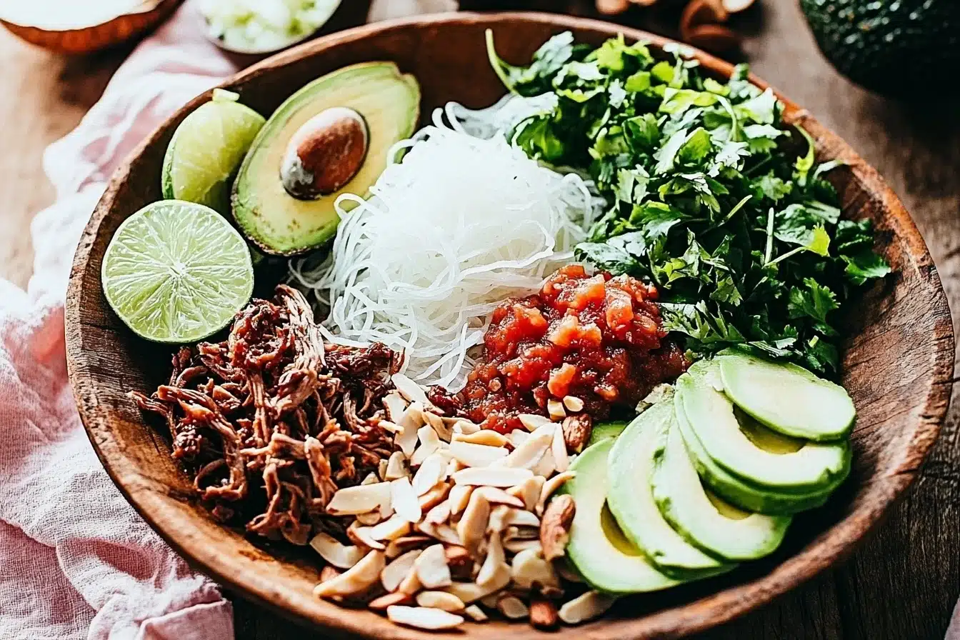 A wooden bowl filled with shredded chicken, avocado, lime, and toppings.