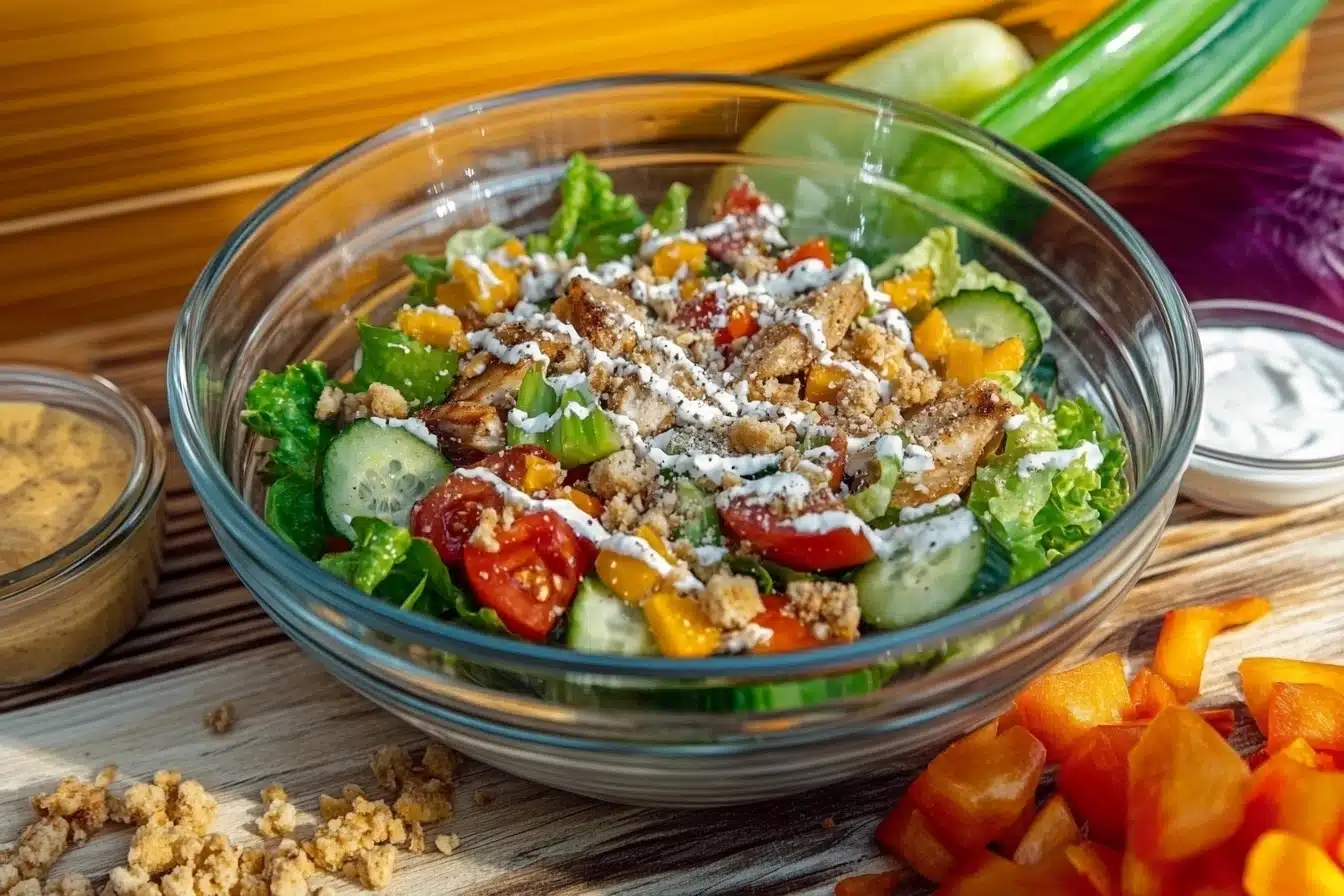 A vibrant bowl of salad featuring leafy greens, cherry tomatoes, cucumbers, and croutons, drizzled with creamy dressing.