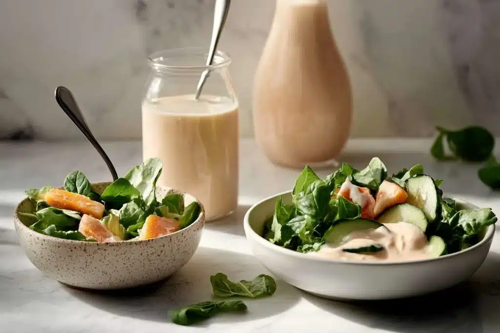 A top-down view of a rustic kitchen setup featuring a bowl of creamy green dressing next to a vibrant salad with cucumbers and arugula, surrounded by fresh herbs and ingredients on a white marble background