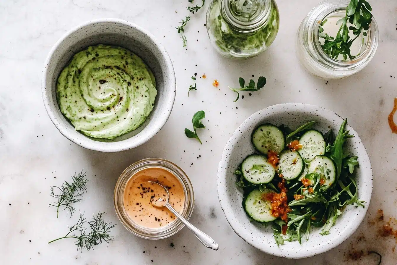 A bright kitchen scene with two bowls of fresh salad, one drizzled with a creamy dressing. A jar of dressing and a carafe in the background complete the composition, with soft natural lighting highlighting the textures and freshness.