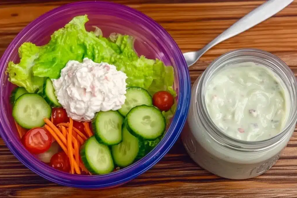 "Fresh vegetables including lettuce, cucumber slices, shredded carrots, and a dollop of Miracle Whip on a wooden cutting board.