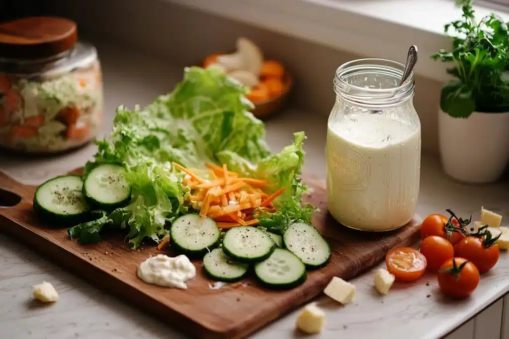 A vibrant salad bowl with lettuce, cucumber slices, cherry tomatoes, shredded carrots, and a dollop of Miracle Whip, next to a jar of dressing.