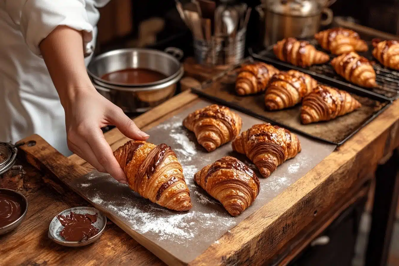 Single chocolate croissant on a flour-covered counter.