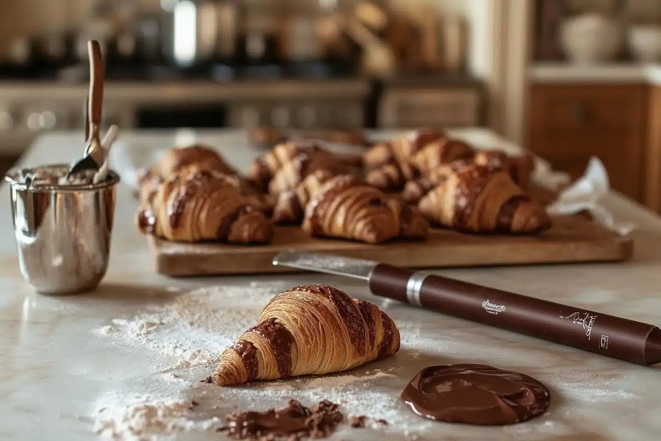 Hand placing a chocolate croissant on a wooden table.