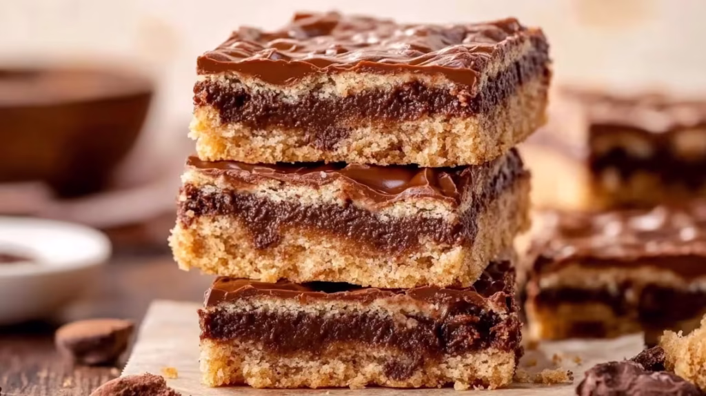 Close-up of rich Nutella Bars stacked on a white plate, showcasing swirls of hazelnut spread and melted chocolate chips in a golden-brown cookie crust.