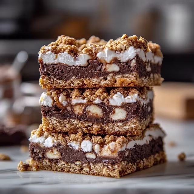 Gooey S’mores Crumble Bars with melted chocolate, marshmallow, and buttery graham cracker topping