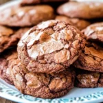 Close-up of easy brownie cookies with melted chocolate chips on top, stacked neatly on a white ceramic plate.