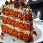 Slice of Ottolenghi carrot cake with cream cheese frosting and raisin accents on a white plate.